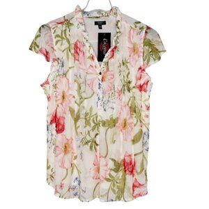 Cocomo Plus Size 1X Ivory Multi Floral Print Pintuck Short Flutter Sleeve Top
